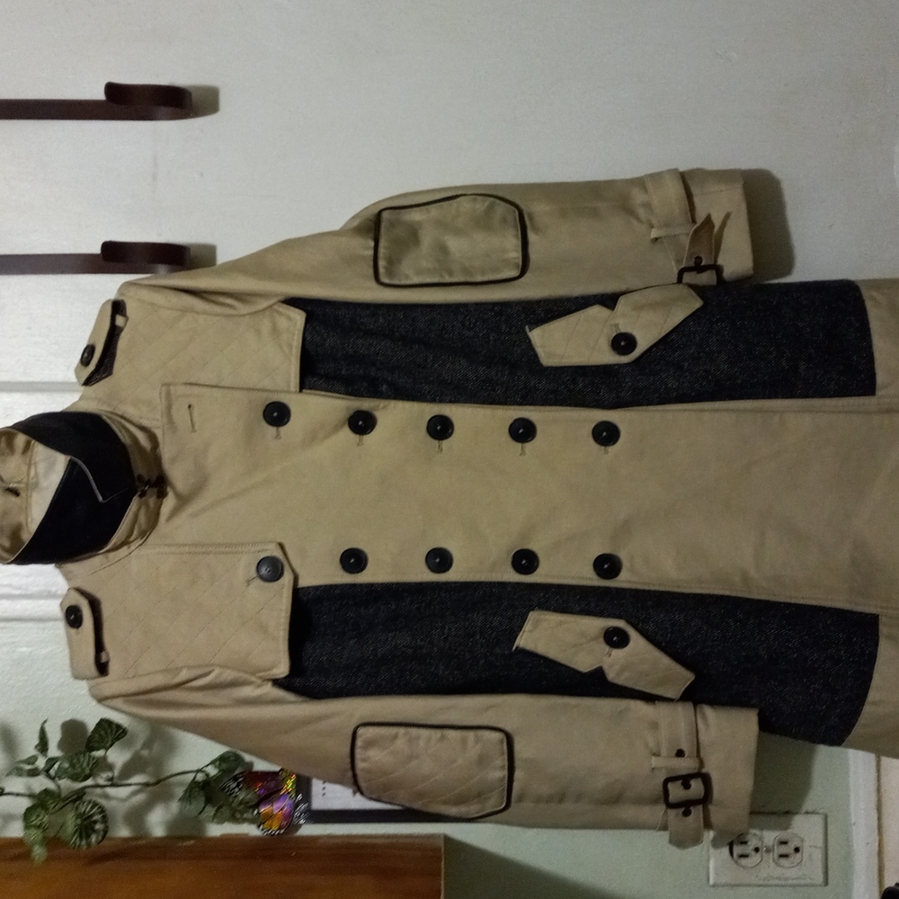 Sam Edelman, Dbl-breasted Khaki/Tweed, Faux Leather Designer Trench, Sm